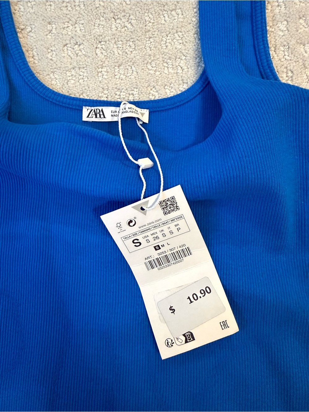 ZARA Bright Blue Ribbed Square-Neck Tank Top - Picture 2 of 2